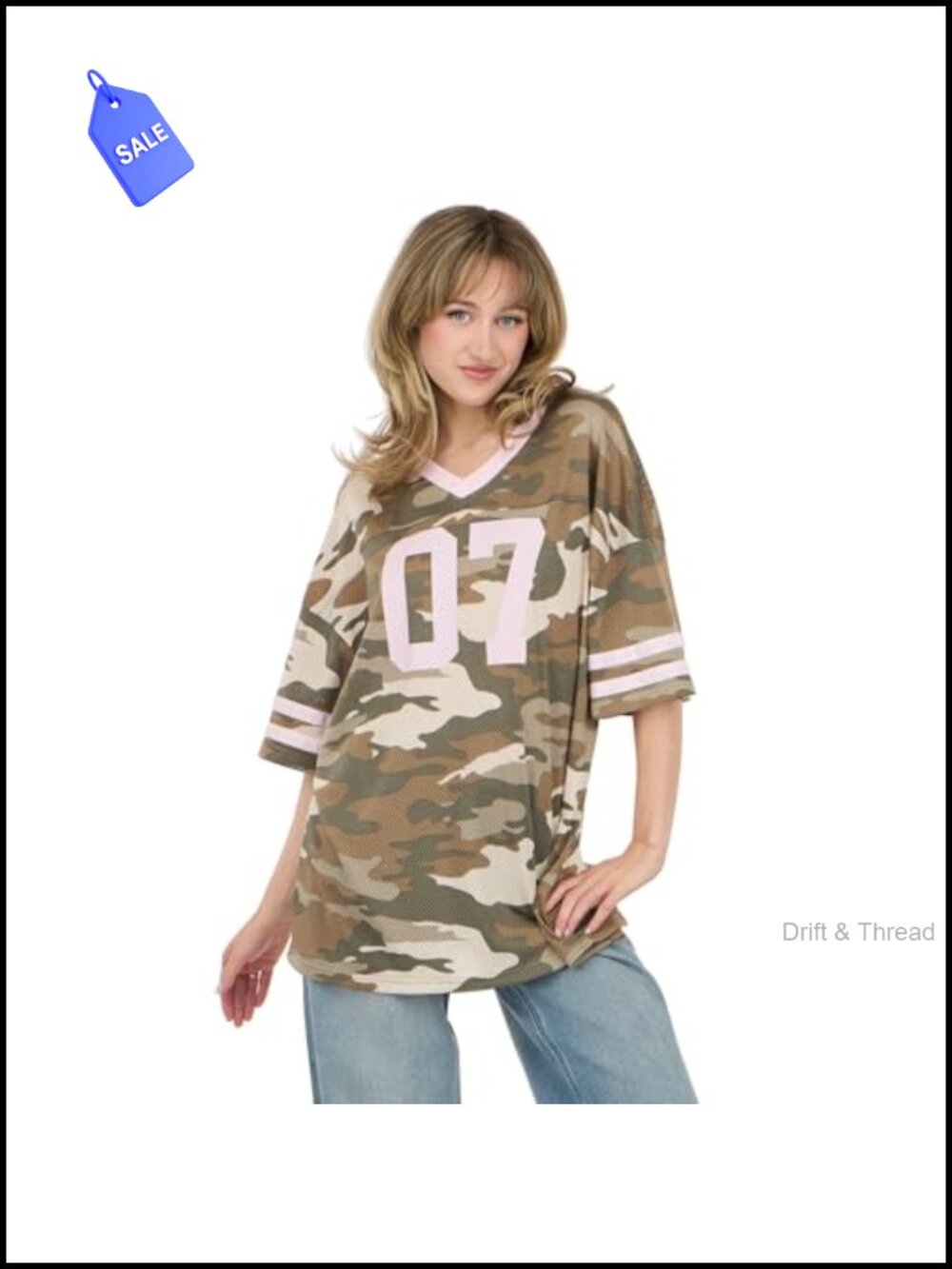 Oversized Mesh Football Tee Screen Graphic V-Neck Short Sleeve Casual